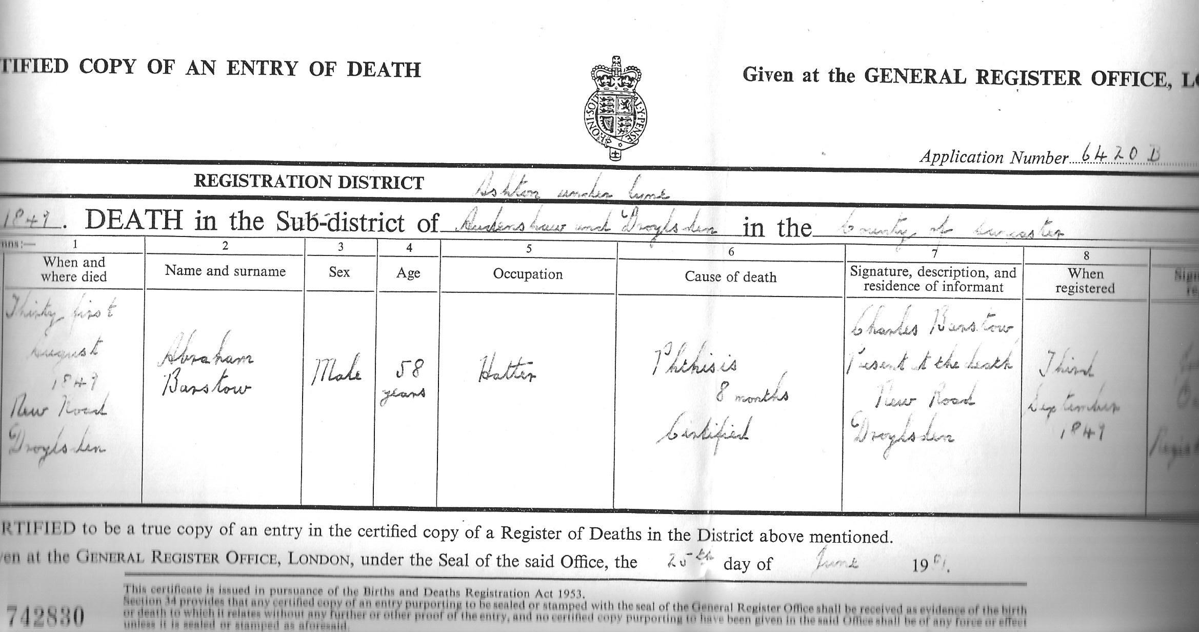 Abraham Barstow death certificate 1849