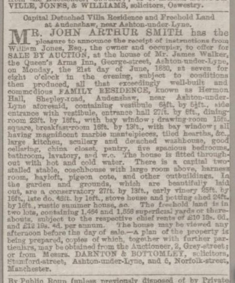 Manchester Courier and Lancashire General Advertiser 5th June 1880 Hermon hall sale