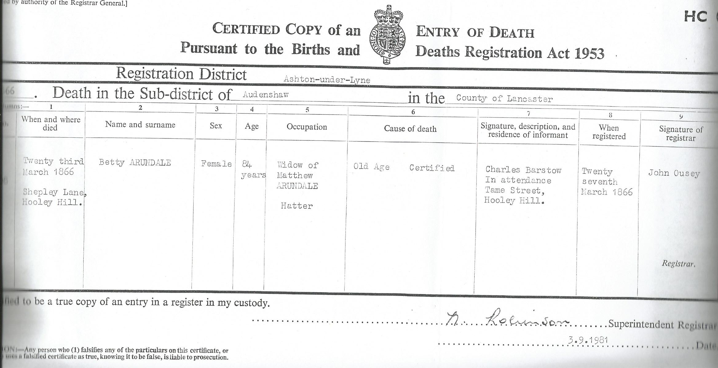 Betty Arundale death certificate 1866 Audenshaw